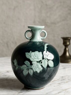 Vtg NIKKO Japan Celadon Crackle Vase Raised Rose Relief Double Handle Pottery 7"